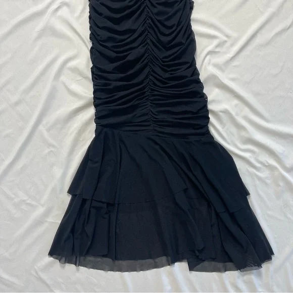 Hello Molly Tanisha Off Shoulder Mesh Black Midi Ruched Mermaid Dress Size Small - Picture 11 of 11